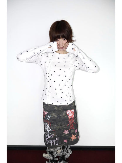 OurHappy Two Tone Star Print Ruffle Thumbhole Women&