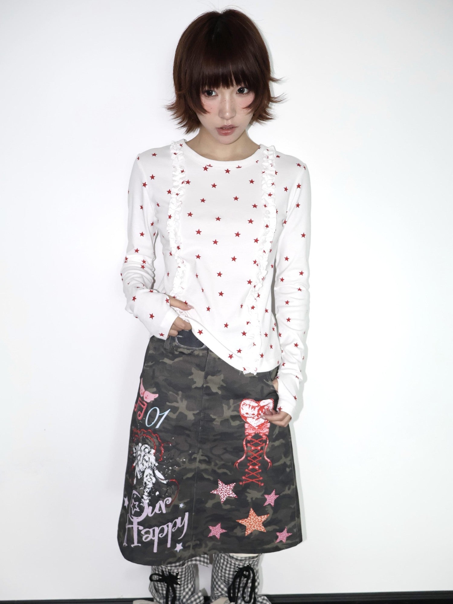 OurHappy Two Tone Star Print Ruffle Thumbhole Women&