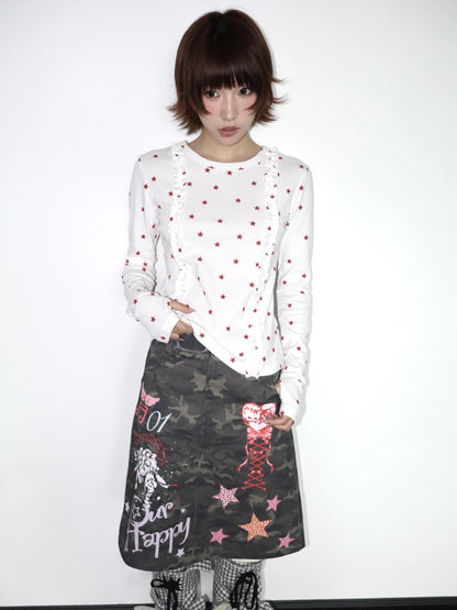 OurHappy Two Tone Star Print Ruffle Thumbhole Women&