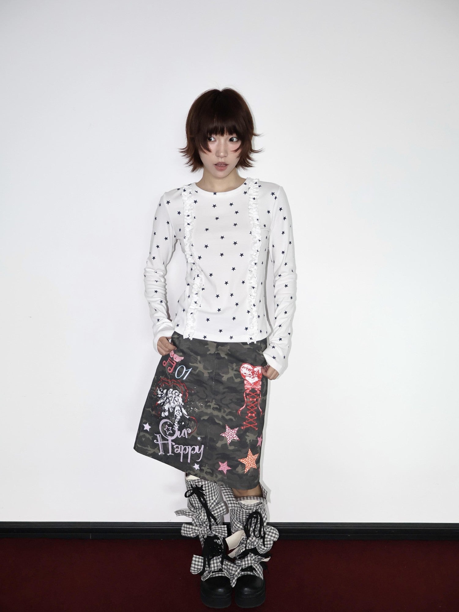 OurHappy Two Tone Star Print Ruffle Thumbhole Women&