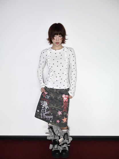 OurHappy Two Tone Star Print Ruffle Thumbhole Women&