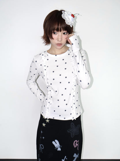 OurHappy Two Tone Star Print Ruffle Thumbhole Women&