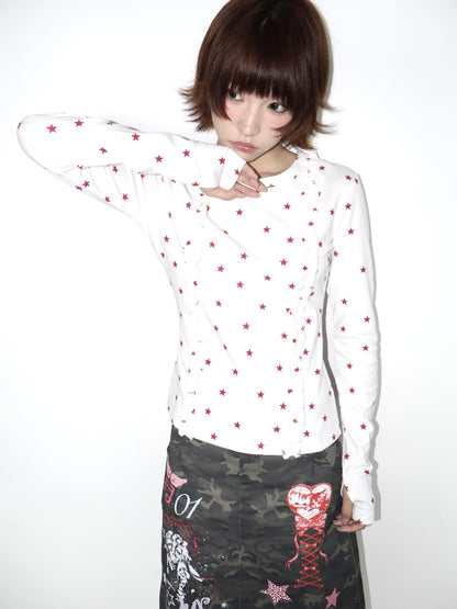 OurHappy Two Tone Star Print Ruffle Thumbhole Women&