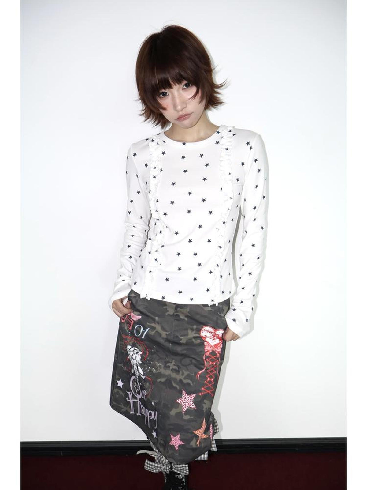 OurHappy Two Tone Star Print Ruffle Thumbhole Women&