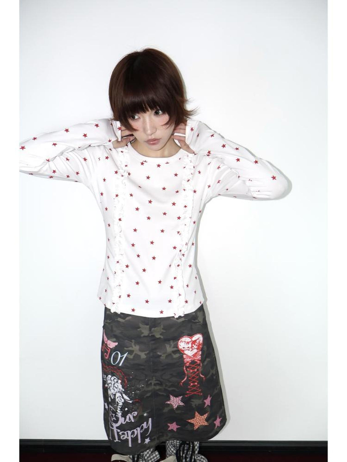 OurHappy Two Tone Star Print Ruffle Thumbhole Women&