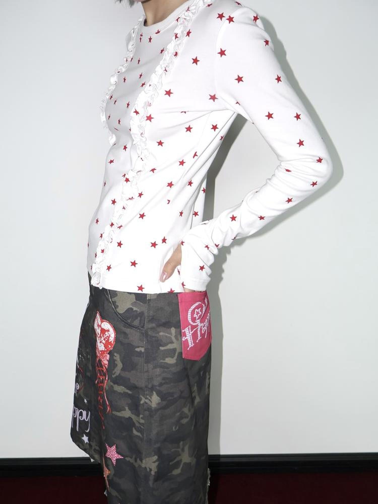 OurHappy Two Tone Star Print Ruffle Thumbhole Women&