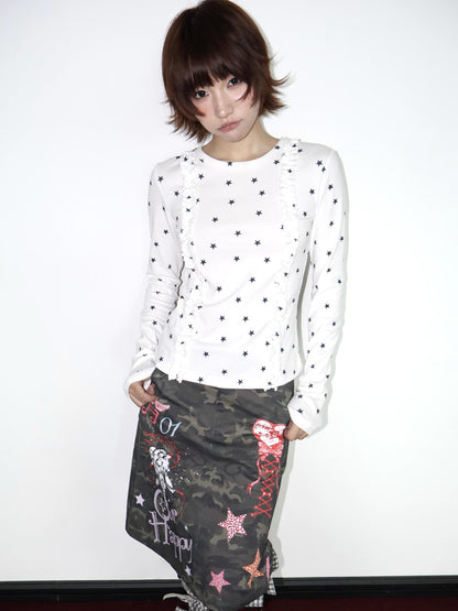 OurHappy Two Tone Star Print Ruffle Thumbhole Women&