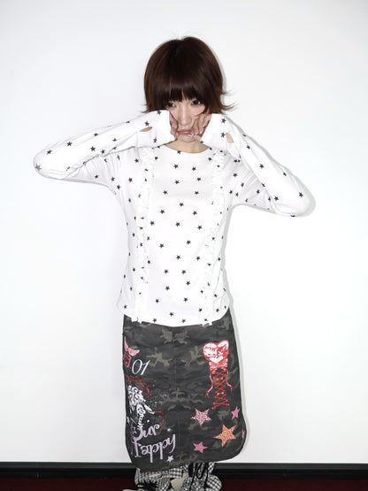OurHappy Two Tone Star Print Ruffle Thumbhole Women&