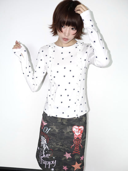 OurHappy Two Tone Star Print Ruffle Thumbhole Women&