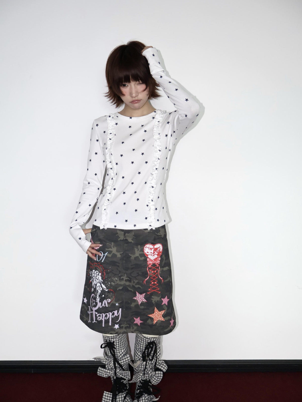 OurHappy Two Tone Star Print Ruffle Thumbhole Women&