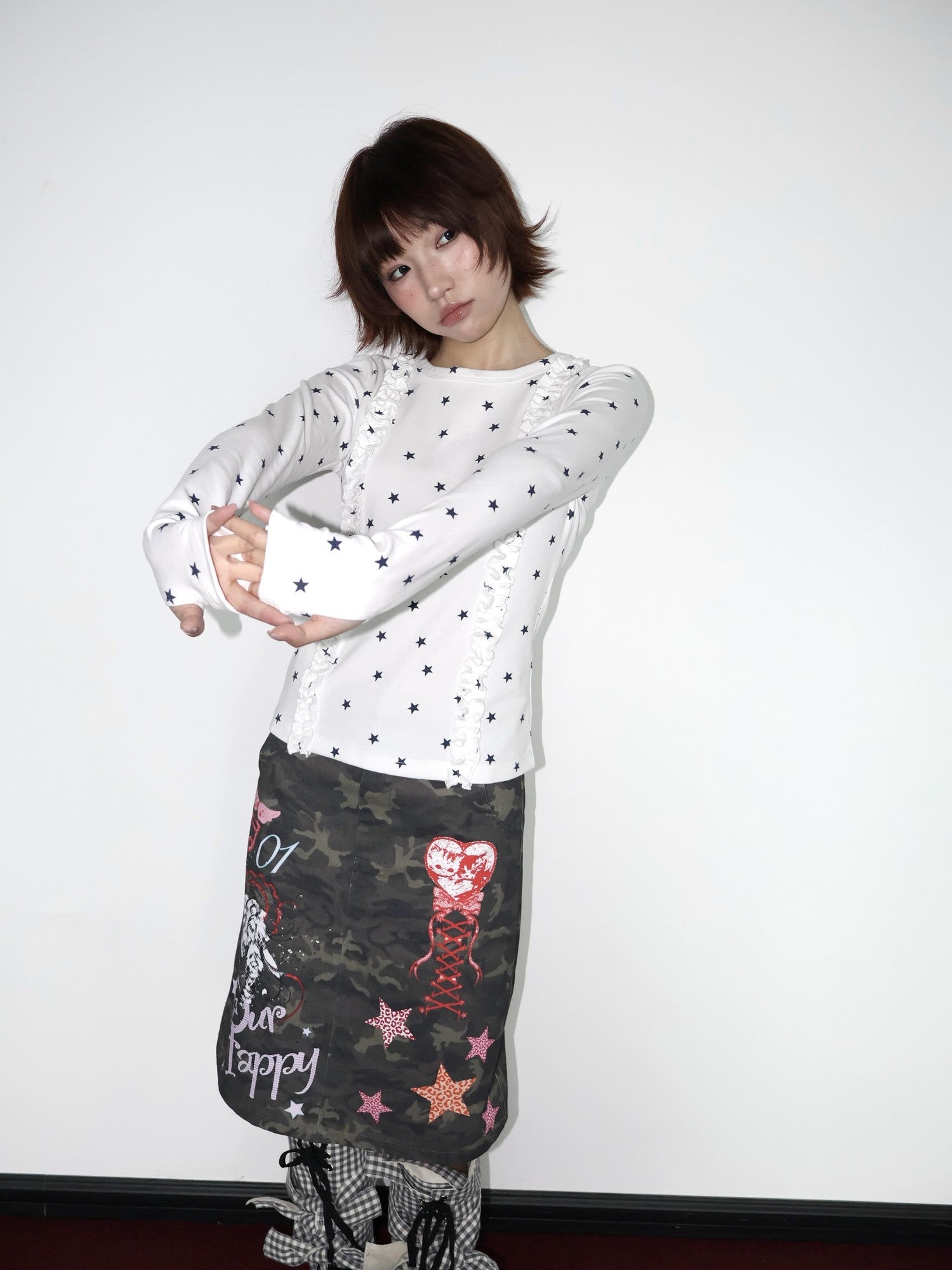 OurHappy Two Tone Star Print Ruffle Thumbhole Women&