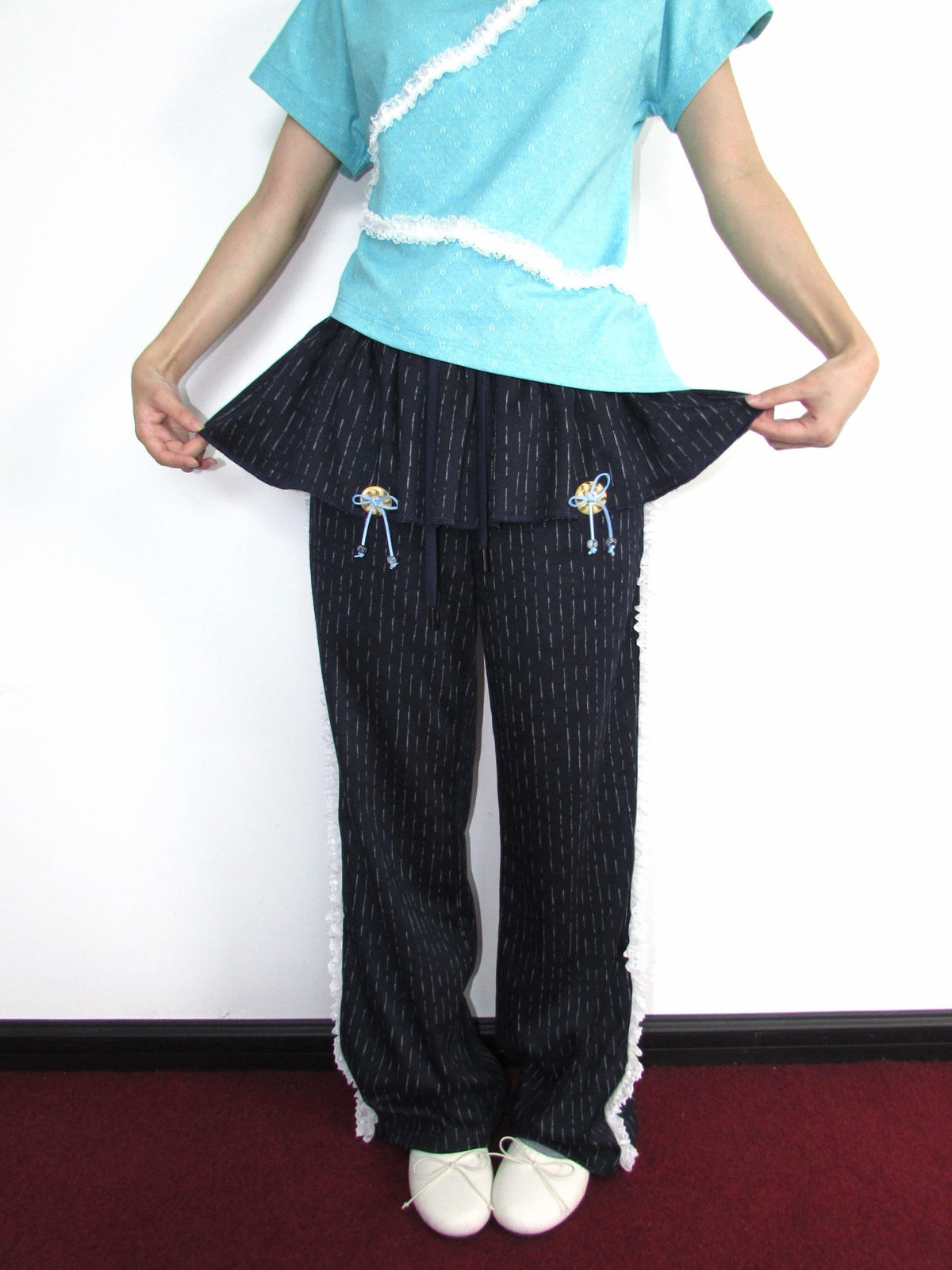 OurHappy_Vertical_Stripe_Lace_Trim_Decorative_Buttons_Brushed_Women&