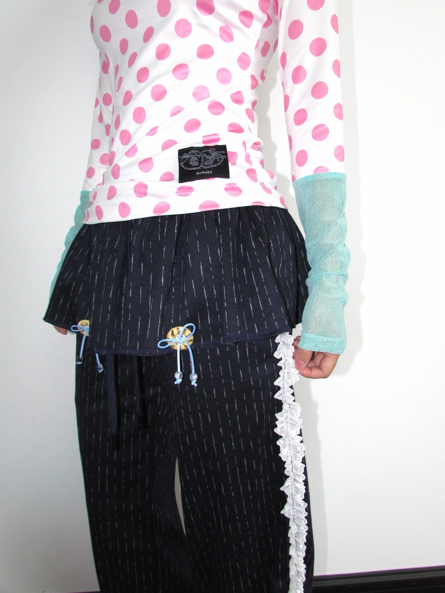OurHappy Vertical Stripe Lace Trim Decorative Buttons Brushed Women&