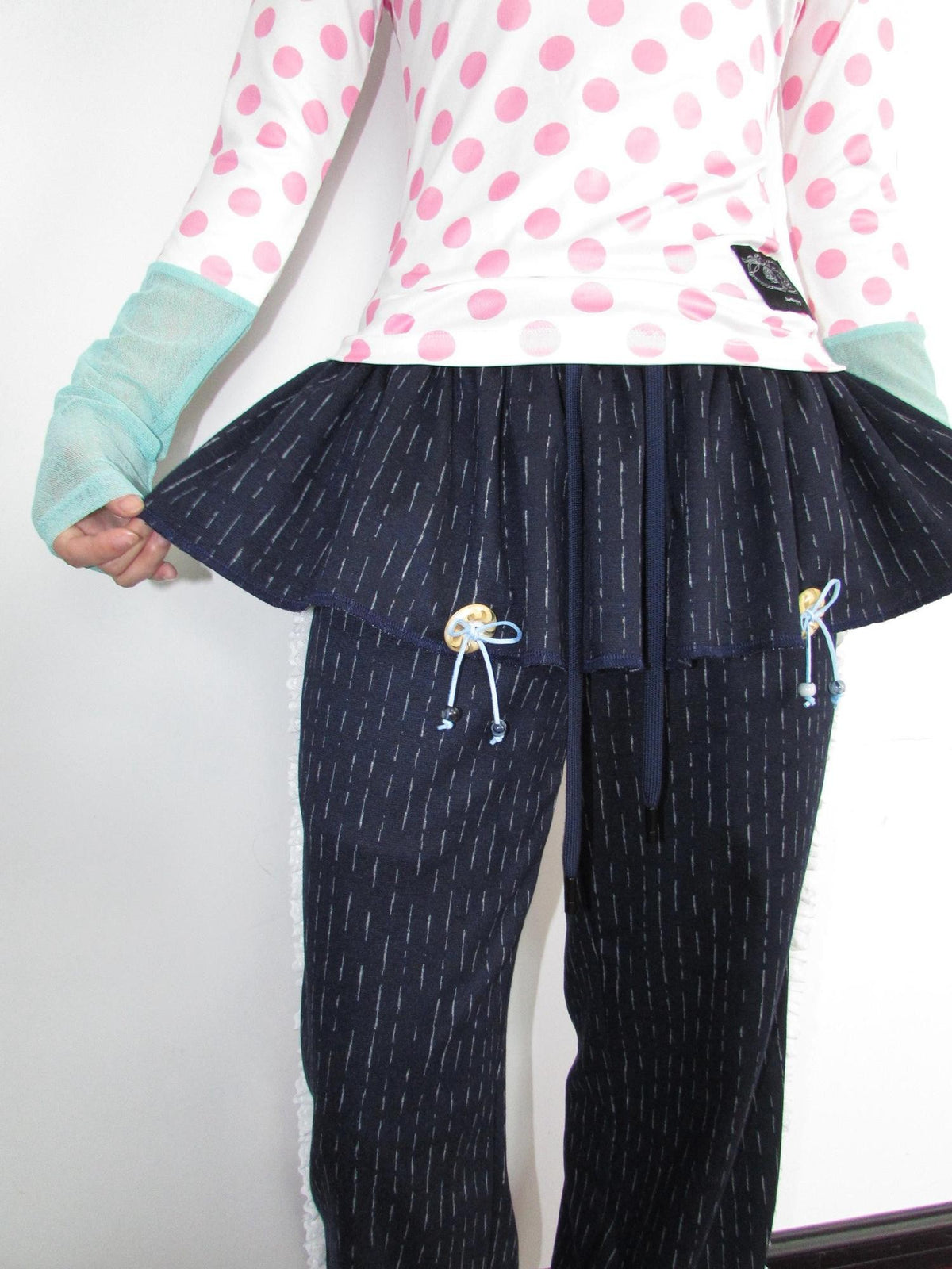 OurHappy Vertical Stripe Lace Trim Decorative Buttons Brushed Women&