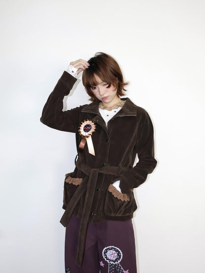 OurHappy Vintage Badge Faux Suede Lace Panel Cinched Waist Women&