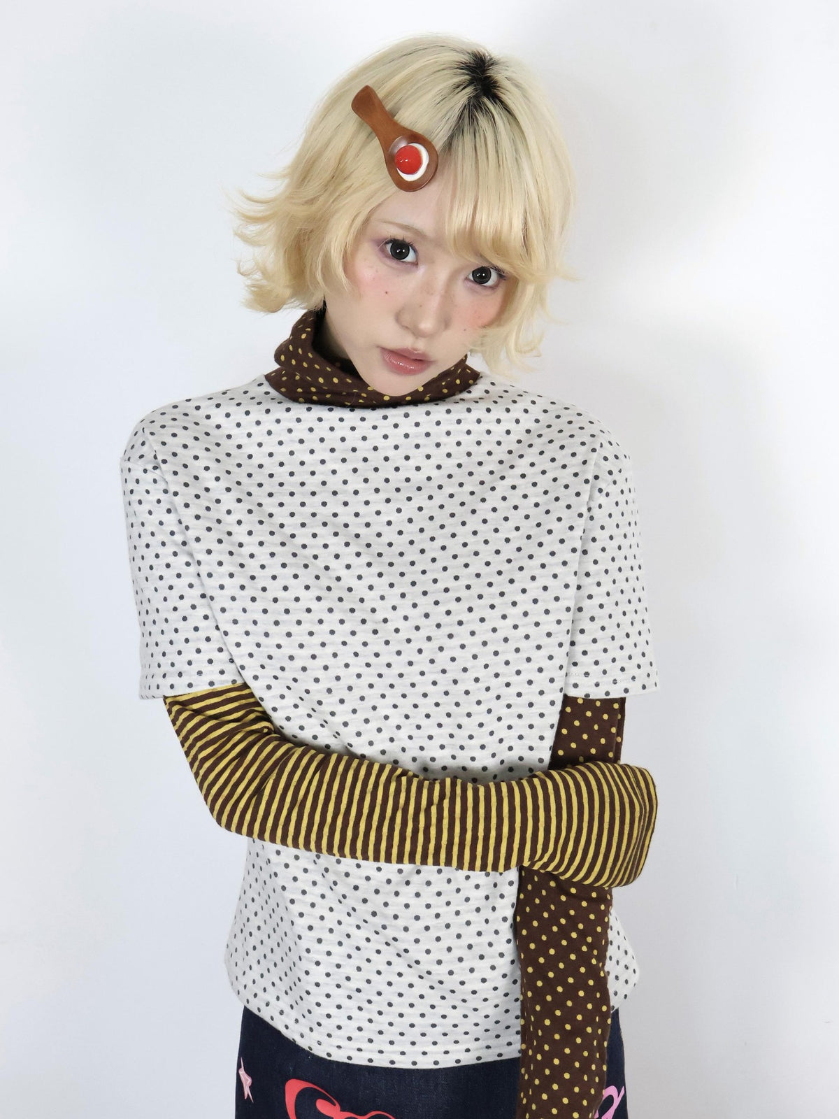 OurHappy Vintage Polka Dot Striped Mock Layer Women&
