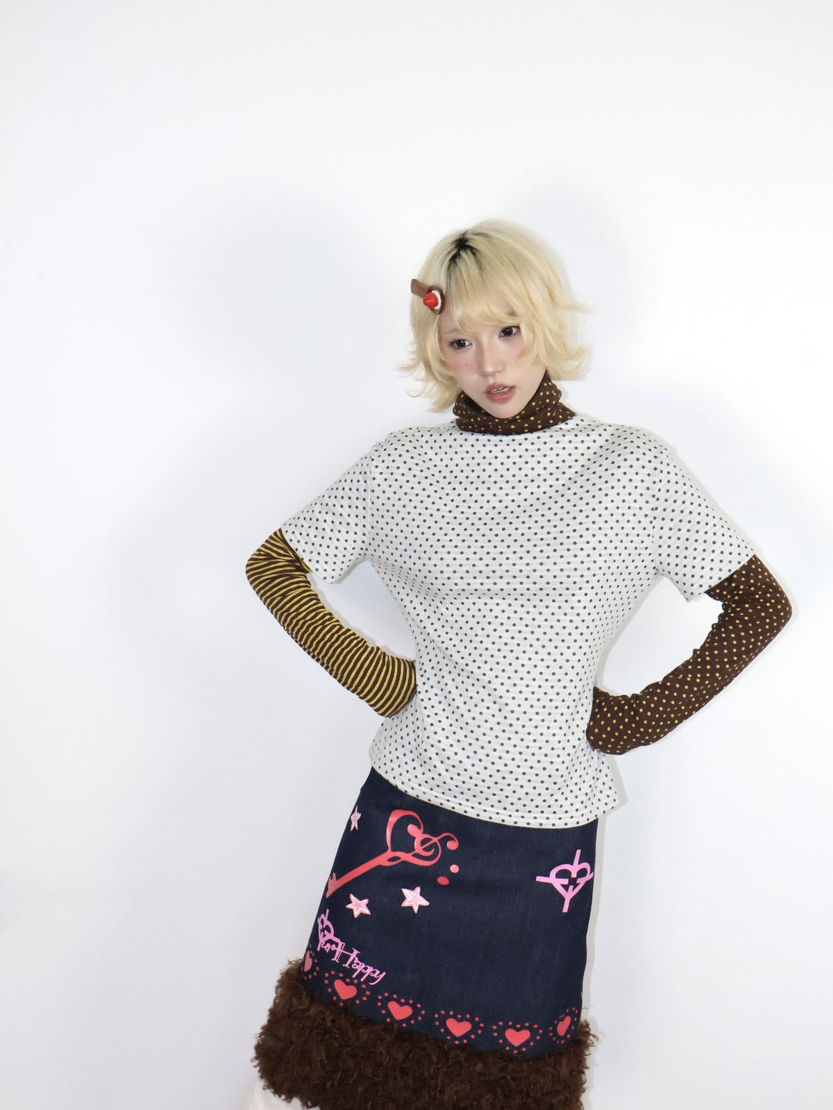 OurHappy Vintage Polka Dot Striped Mock Layer Women&