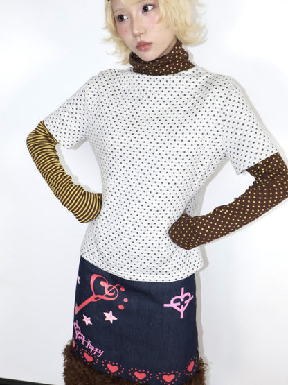 OurHappy Vintage Polka Dot Striped Mock Layer Women&