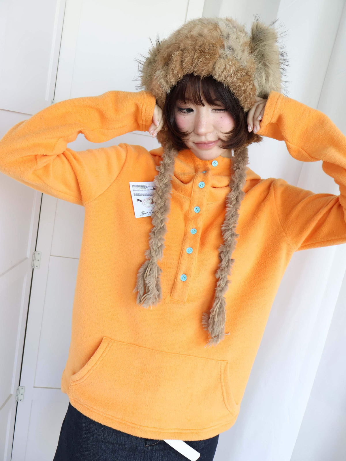 OurHappy_Warm_Orange_Fleece_Contrast_Multi_Button_Loose_Fit_Women&