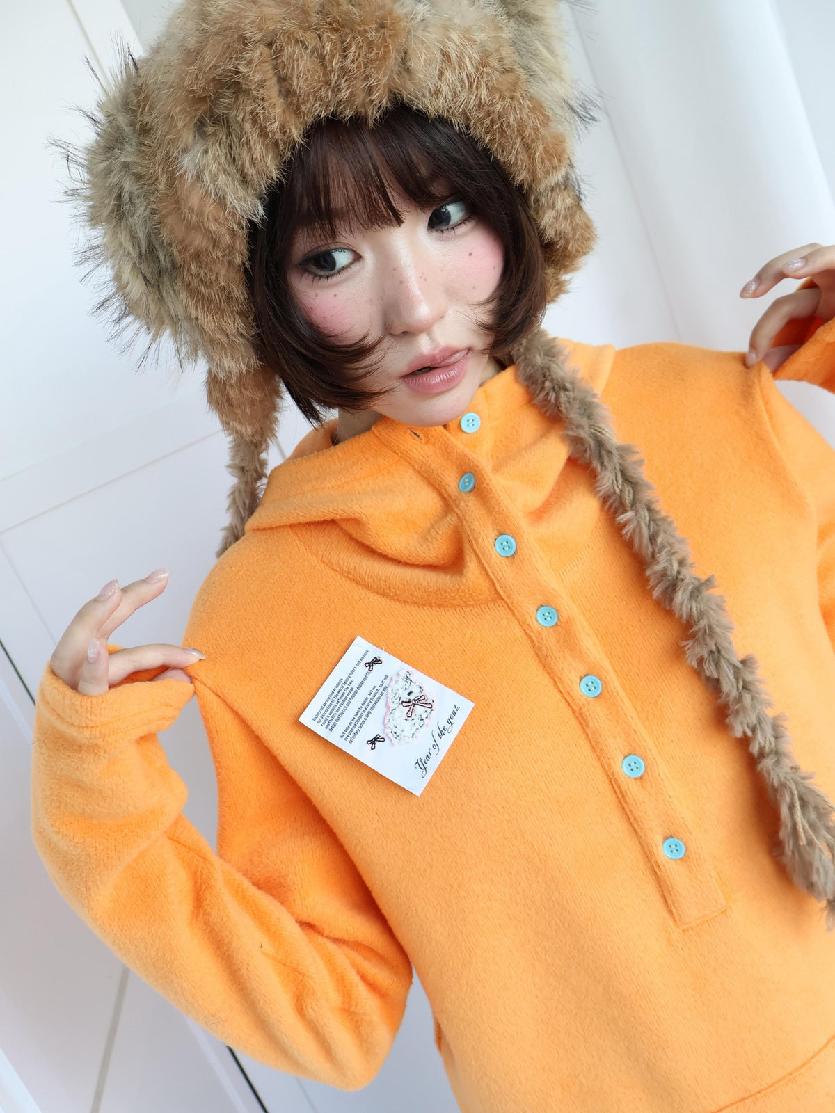 OurHappy Warm Orange Fleece Contrast Multi Button Loose Fit Women&