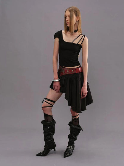 Outmode Adjustable Strap Off Shoulder Slim Fit T-shirt