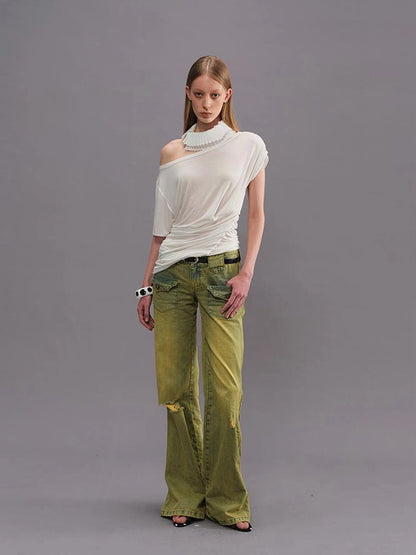 Outmode Asymmetric Ruffle Shoulder T-shirt