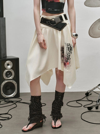 Outmode Distressed Print Asymmetrical Ruffle Skirt