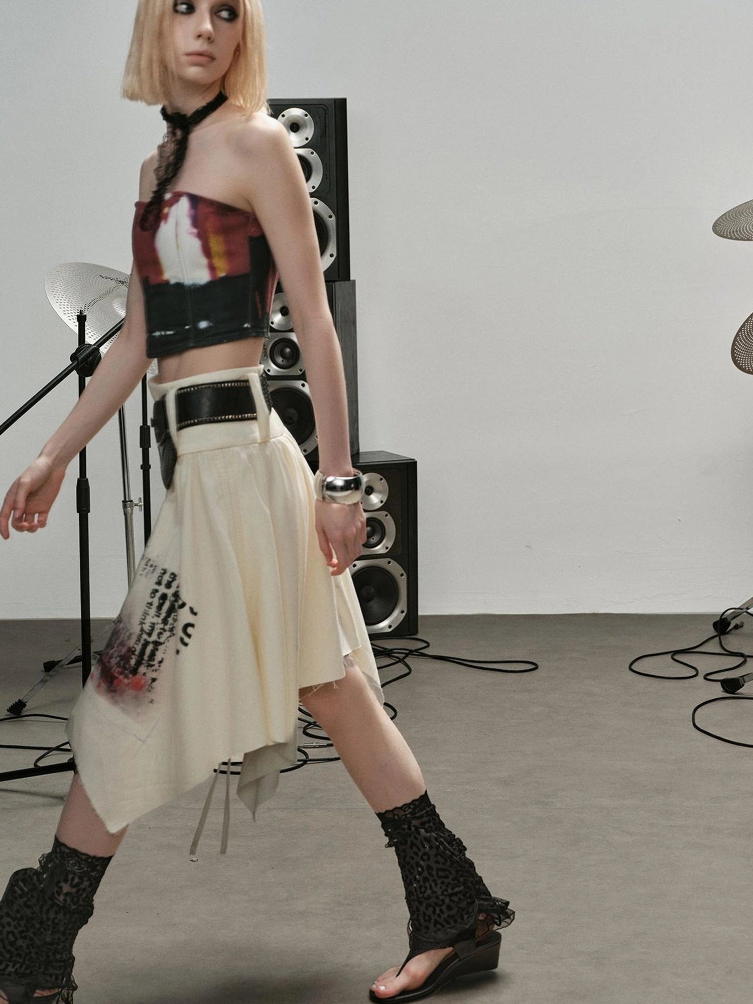 Outmode Distressed Print Asymmetrical Ruffle Skirt