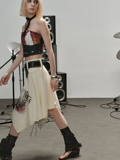 Outmode Distressed Print Asymmetrical Ruffle Skirt