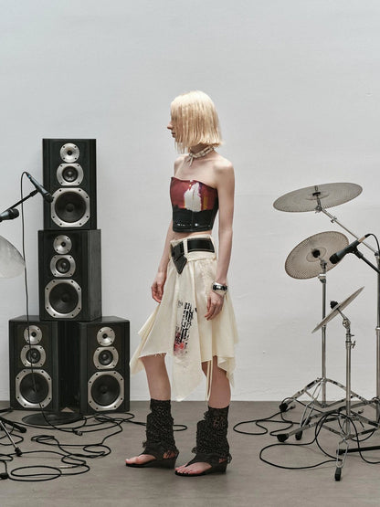 Outmode Distressed Print Asymmetrical Ruffle Skirt