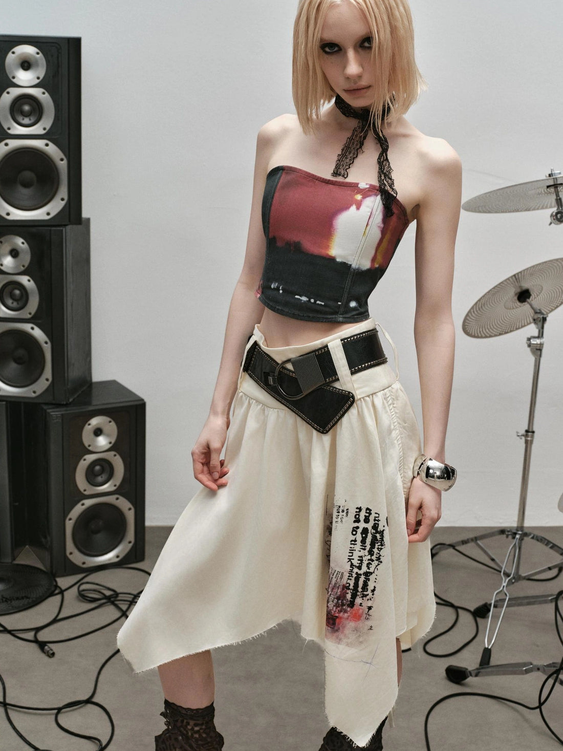 Outmode Distressed Print Asymmetrical Ruffle Skirt