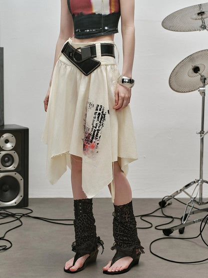 Outmode Distressed Print Asymmetrical Ruffle Skirt