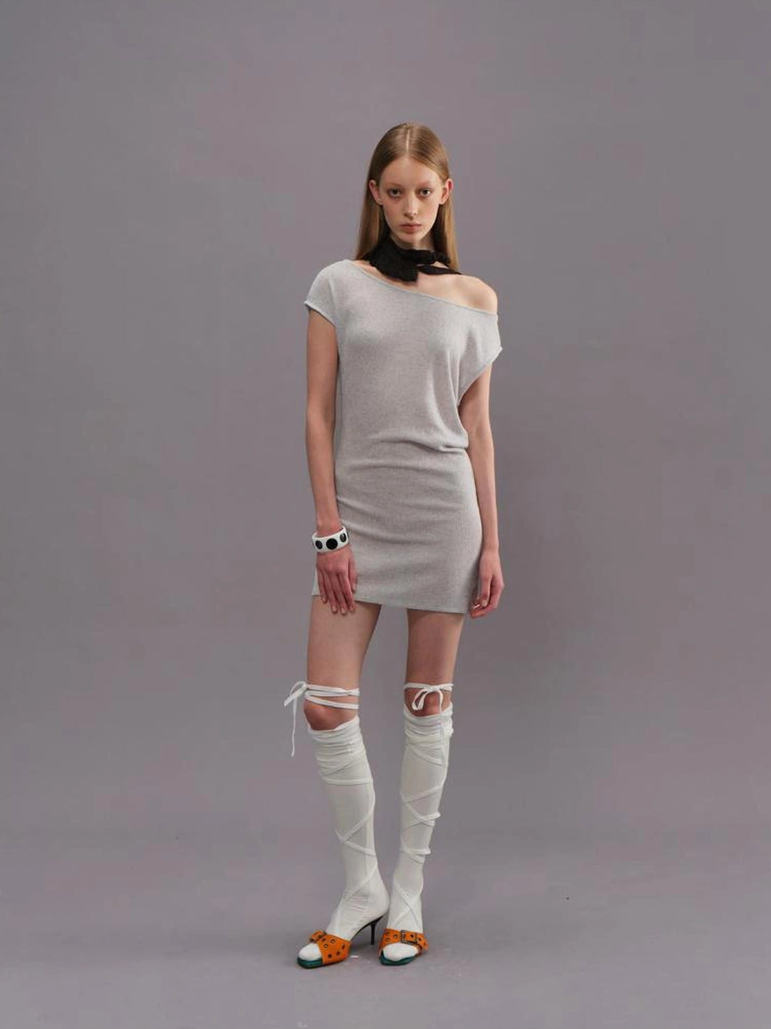 Outmode Light Gray Off Shoulder Cotton Dress