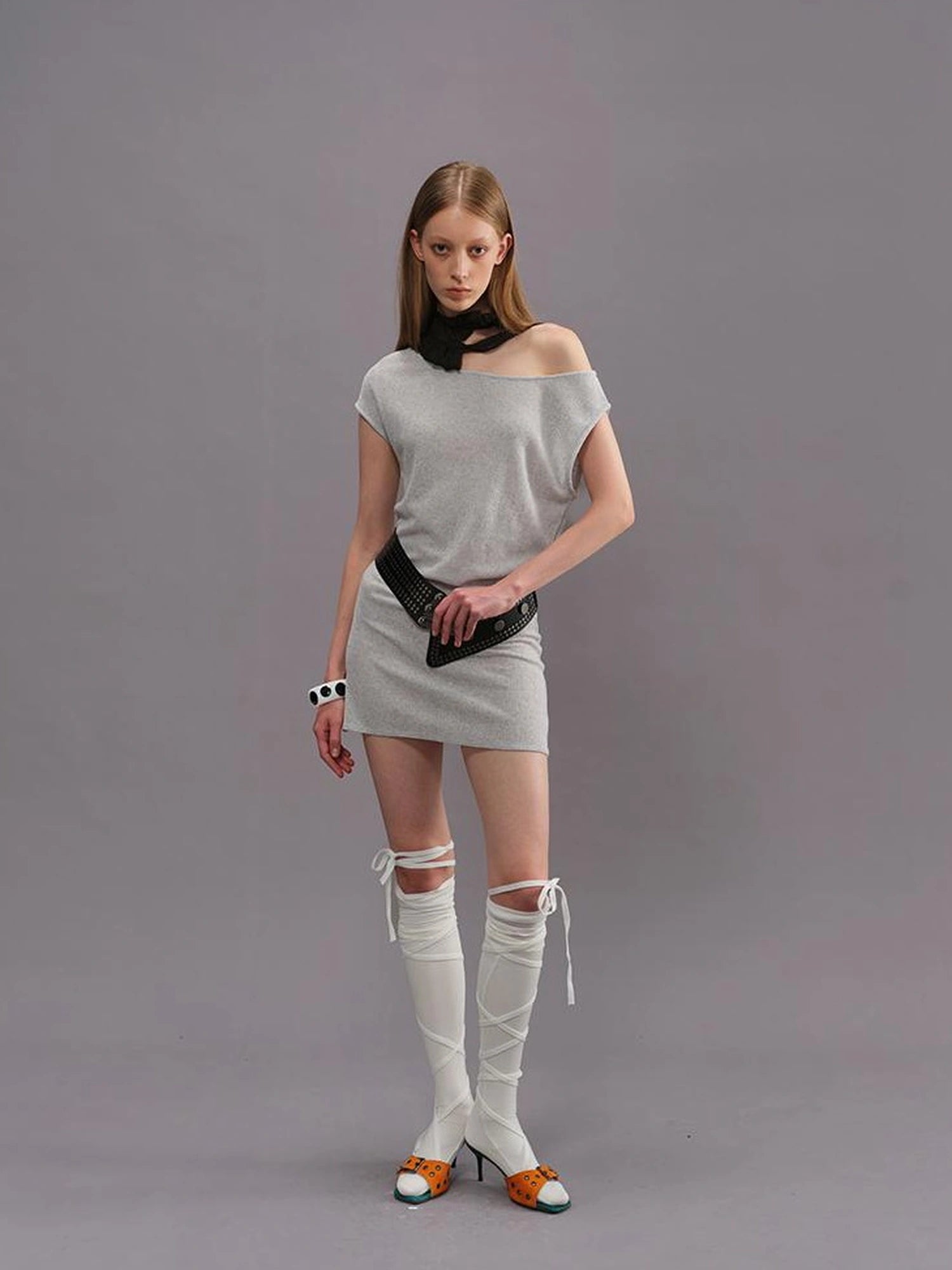 Outmode Light Gray Off Shoulder Cotton Dress