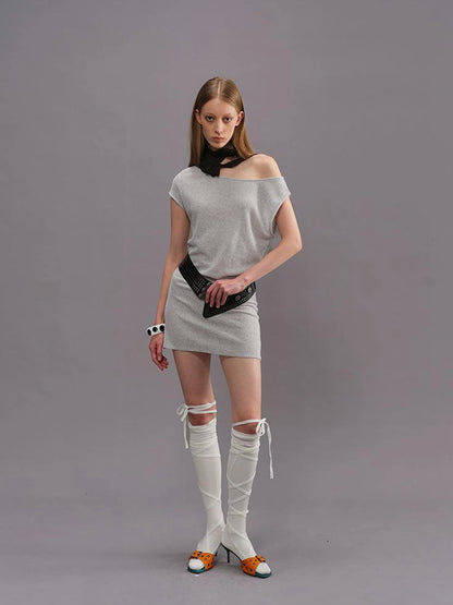 Outmode Light Gray Off Shoulder Cotton Dress