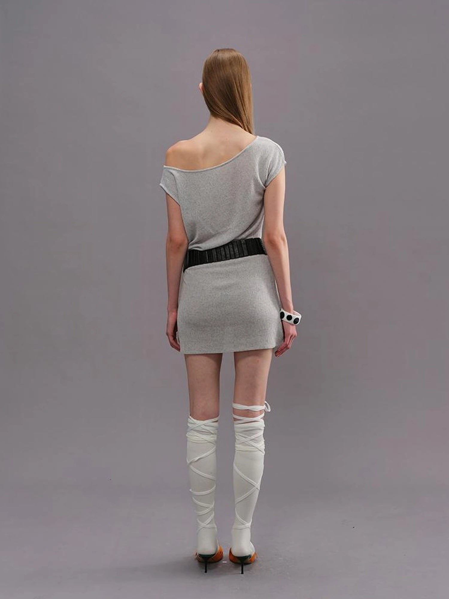 Outmode Light Gray Off Shoulder Cotton Dress