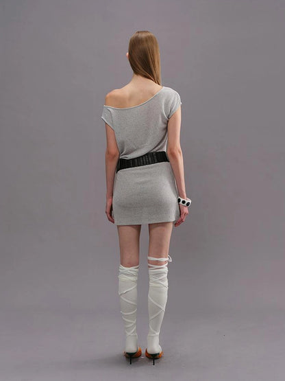Outmode Light Gray Off Shoulder Cotton Dress
