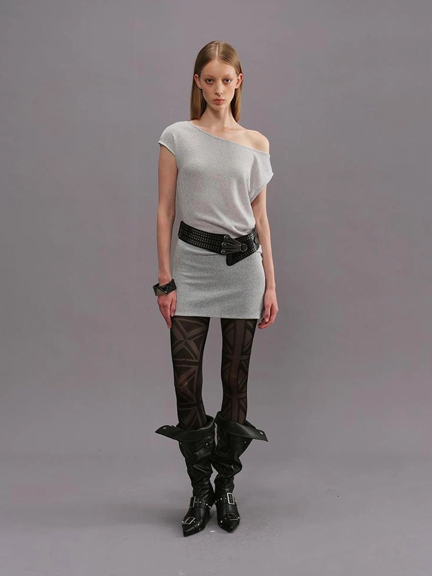 Outmode Light Gray Off Shoulder Cotton Dress