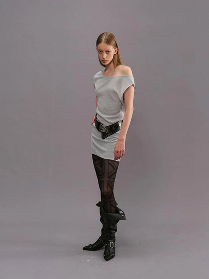 Outmode Light Gray Off Shoulder Cotton Dress
