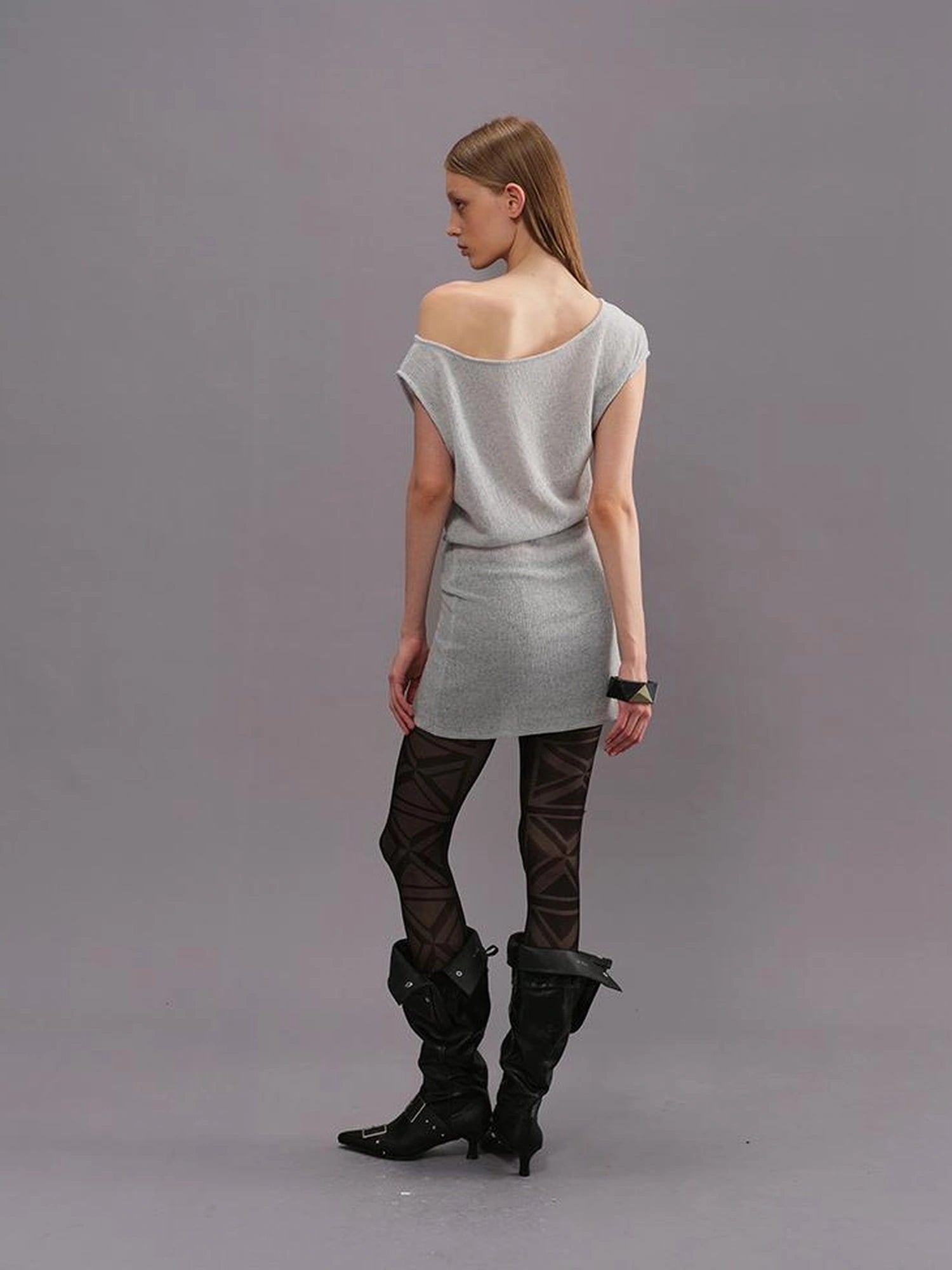 Outmode Light Gray Off Shoulder Cotton Dress