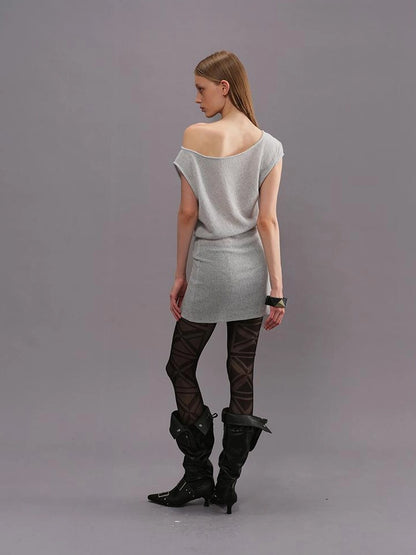 Outmode Light Gray Off Shoulder Cotton Dress