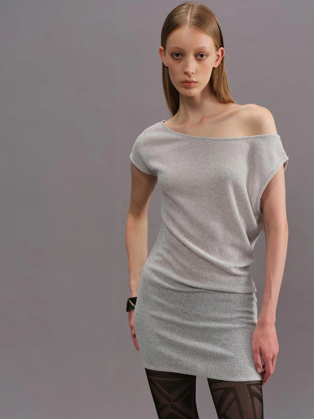 Outmode Light Gray Off Shoulder Cotton Dress