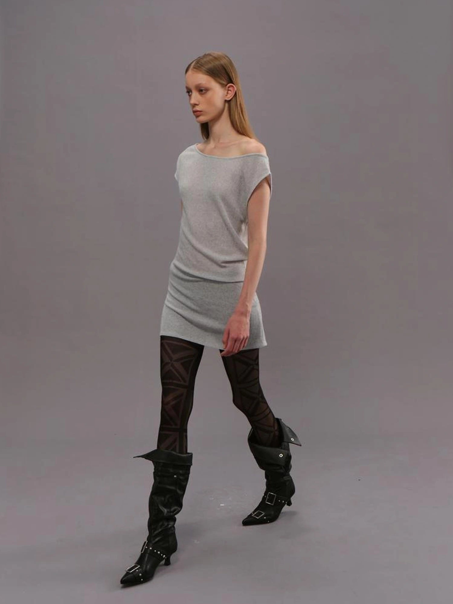 Outmode Light Gray Off Shoulder Cotton Dress