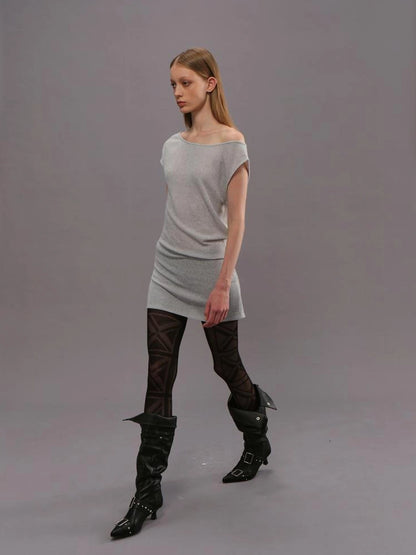 Outmode Light Gray Off Shoulder Cotton Dress