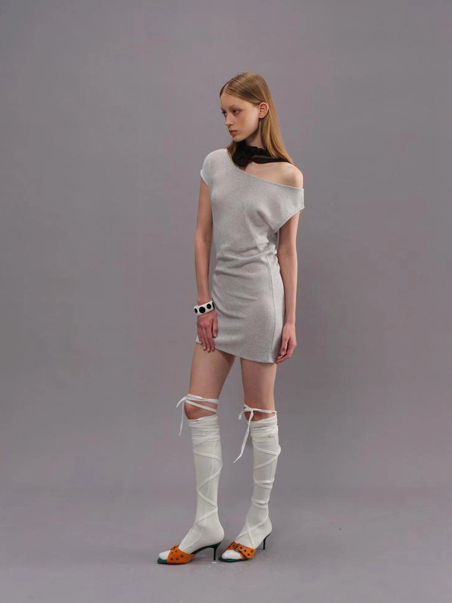 Outmode Light Gray Off Shoulder Cotton Dress