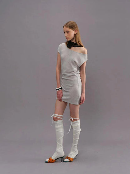 Outmode Light Gray Off Shoulder Cotton Dress