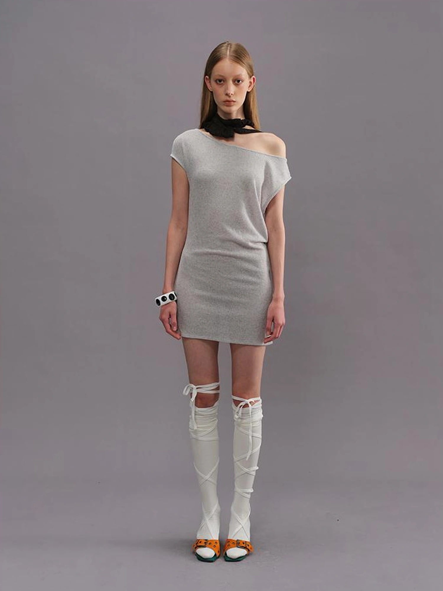Outmode Light Gray Off Shoulder Cotton Dress