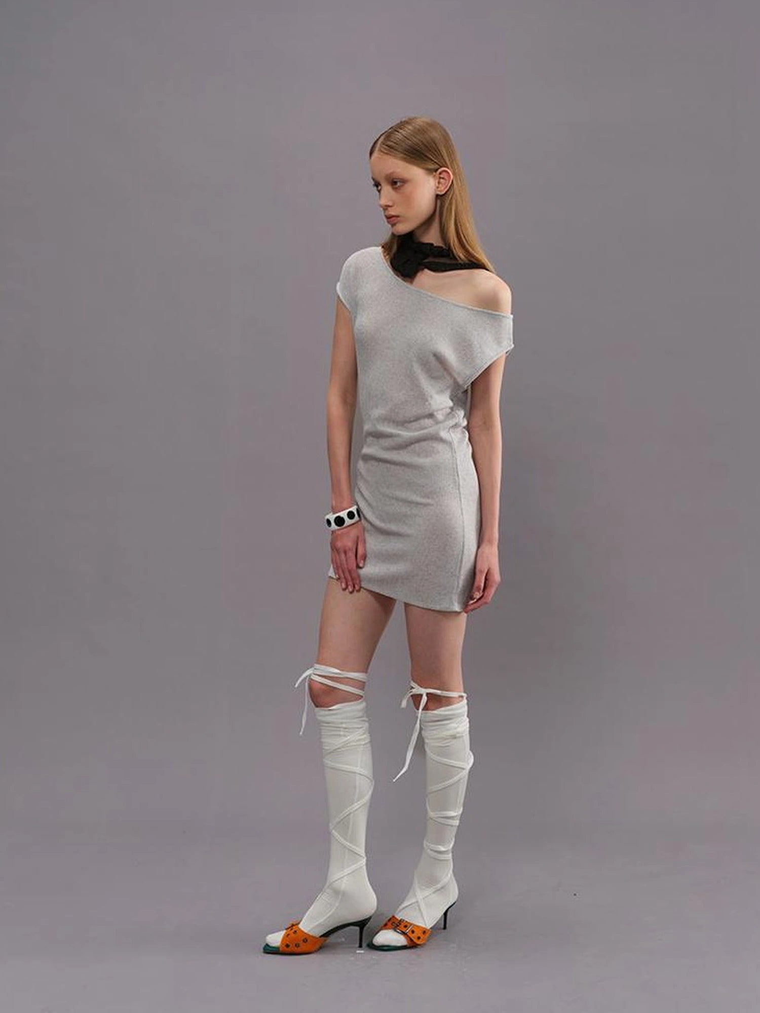 Outmode Light Gray Off Shoulder Cotton Dress