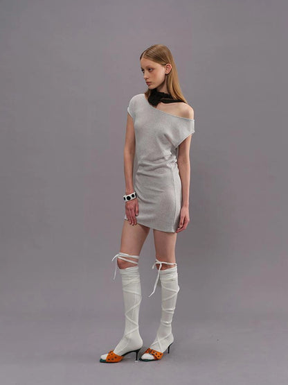 Outmode Light Gray Off Shoulder Cotton Dress