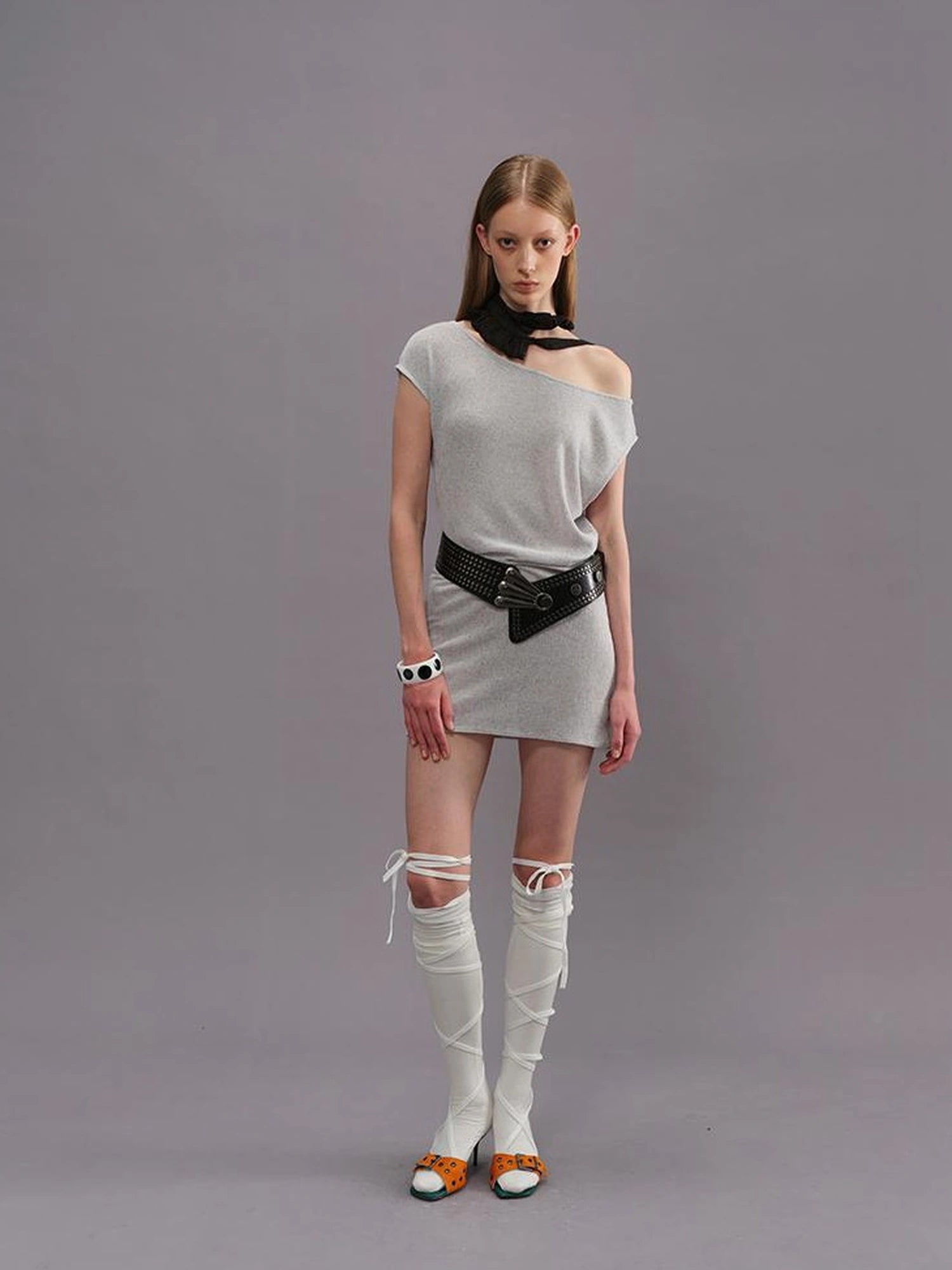 Outmode Light Gray Off Shoulder Cotton Dress